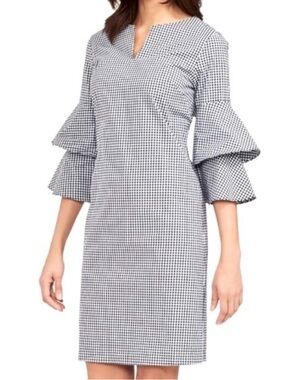 J. McLaughlin Black & White Gingham Tiered-Sleeve Shift Dress